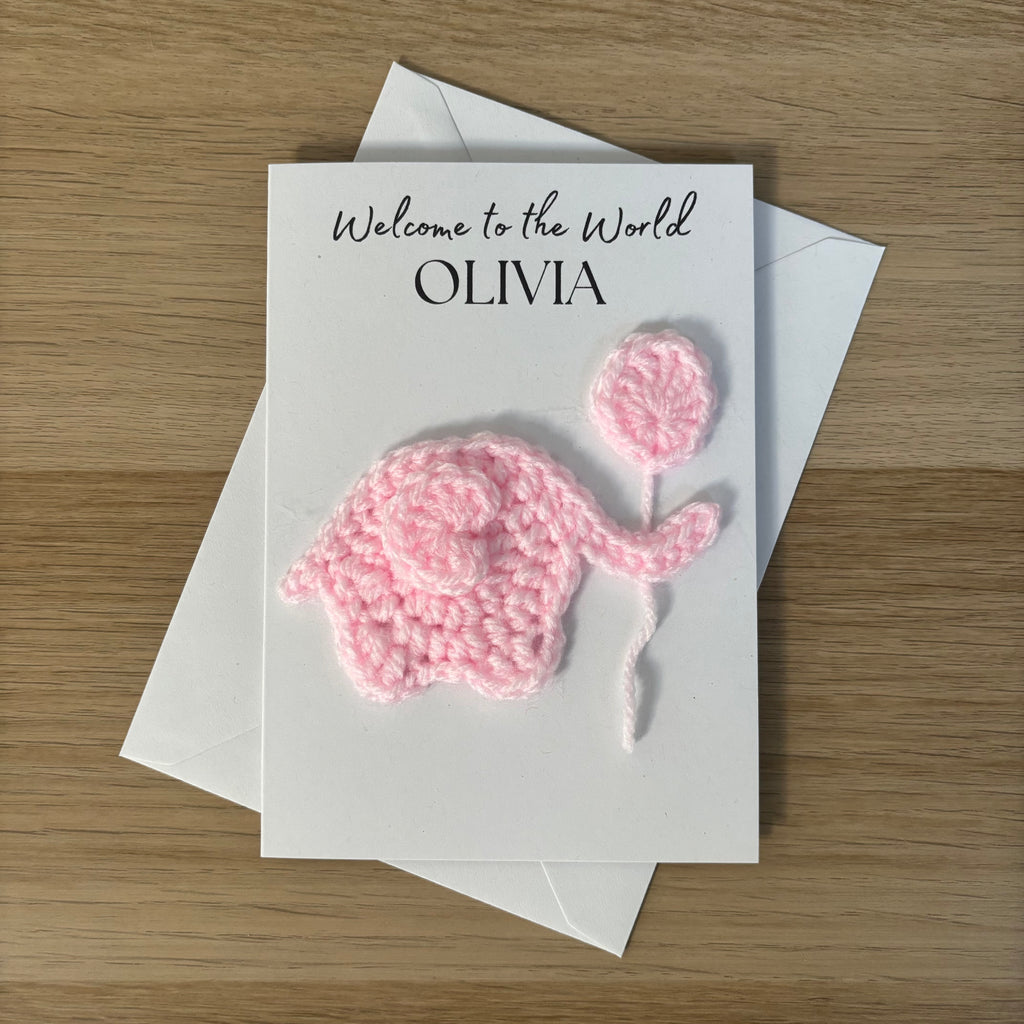 Personalised Crochet Pink Elephant New Baby Card for Baby Girl - 'Welcome to the World'