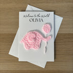 Personalised Crochet Pink Elephant New Baby Card for Baby Girl - 'Welcome to the World'