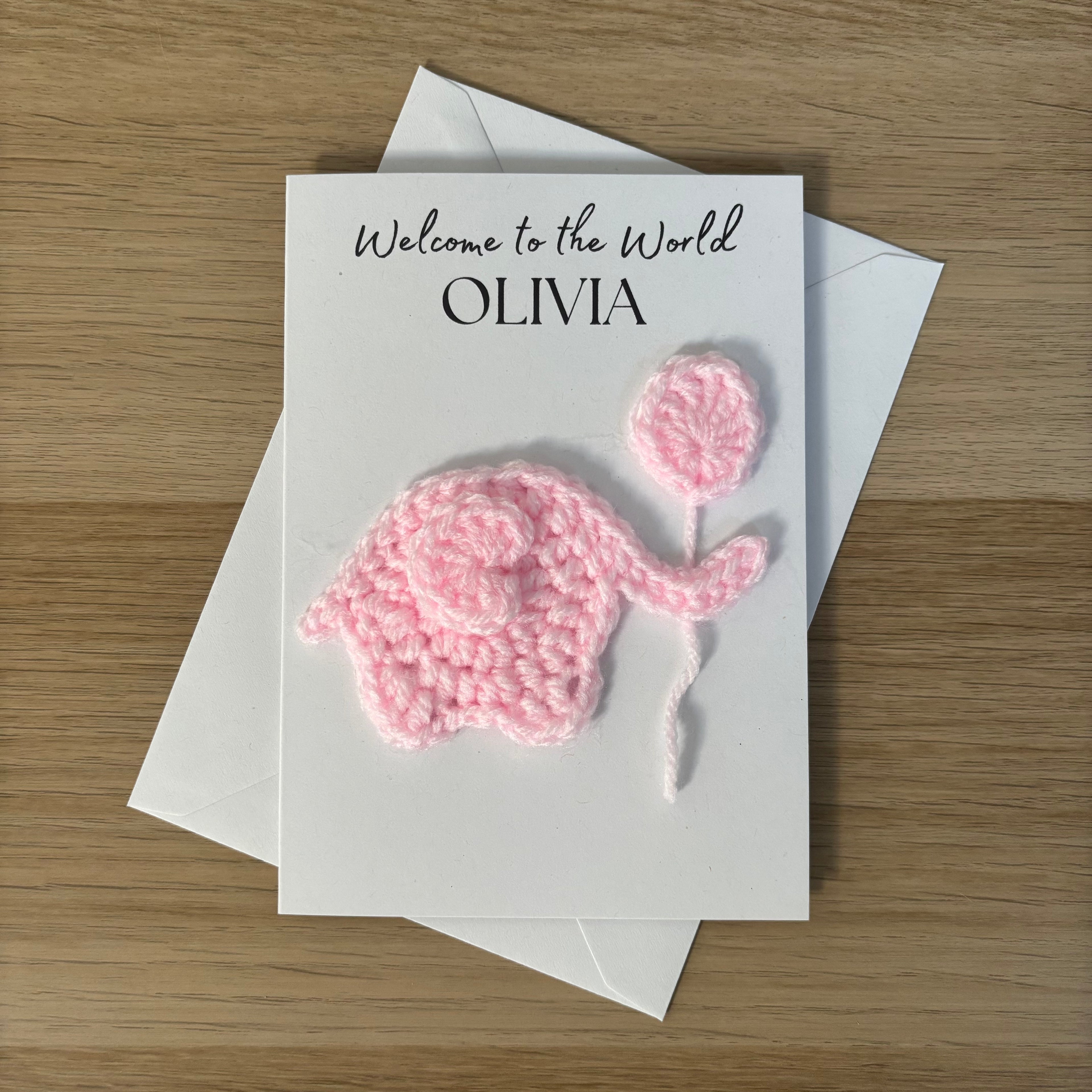 Personalised Crochet Pink Elephant New Baby Card for Baby Girl - 'Welcome to the World'