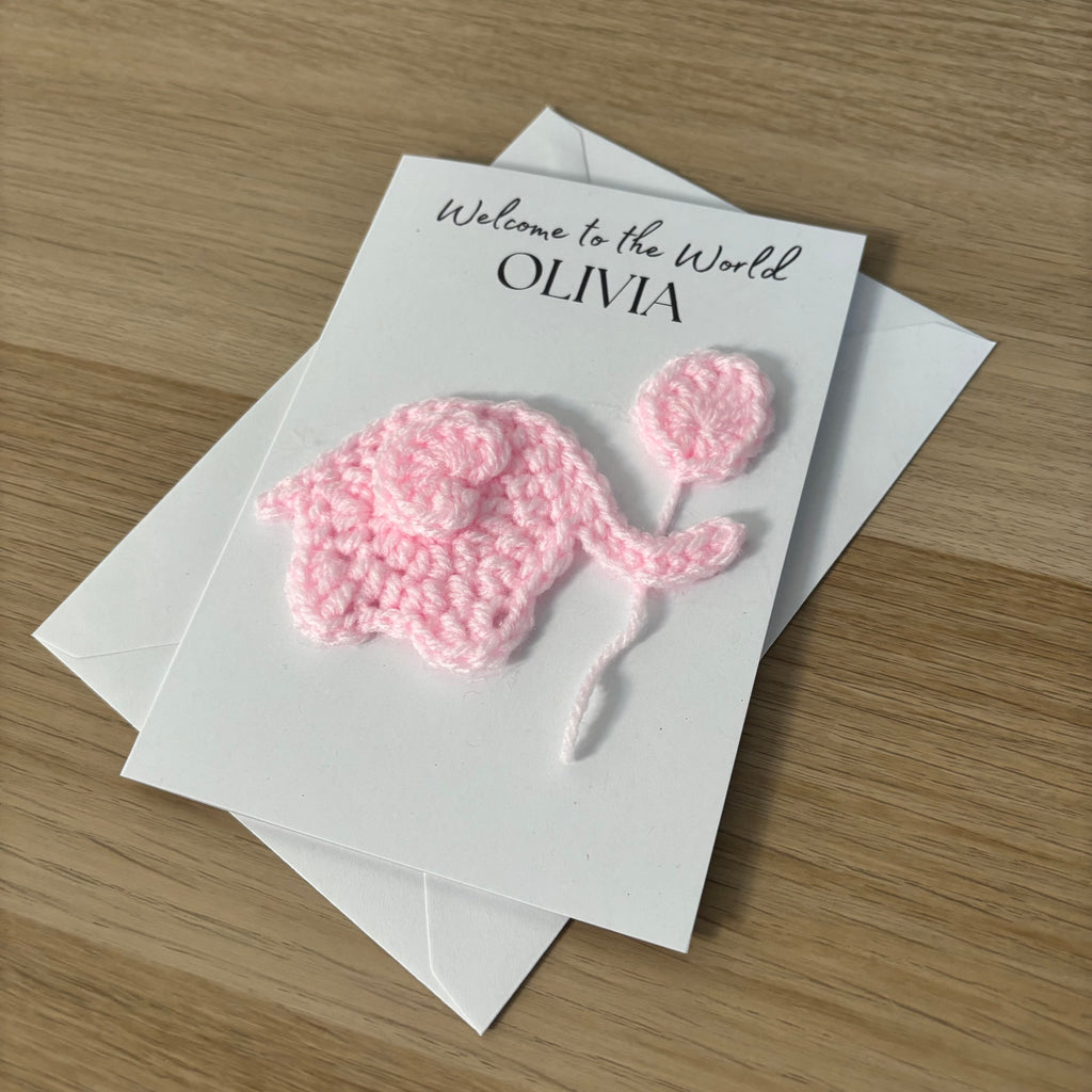 Personalised Crochet Pink Elephant New Baby Card for Baby Girl - 'Welcome to the World'