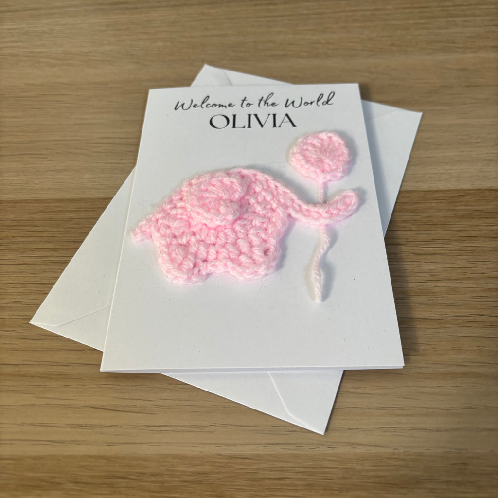 Personalised Crochet Pink Elephant New Baby Card for Baby Girl - 'Welcome to the World'