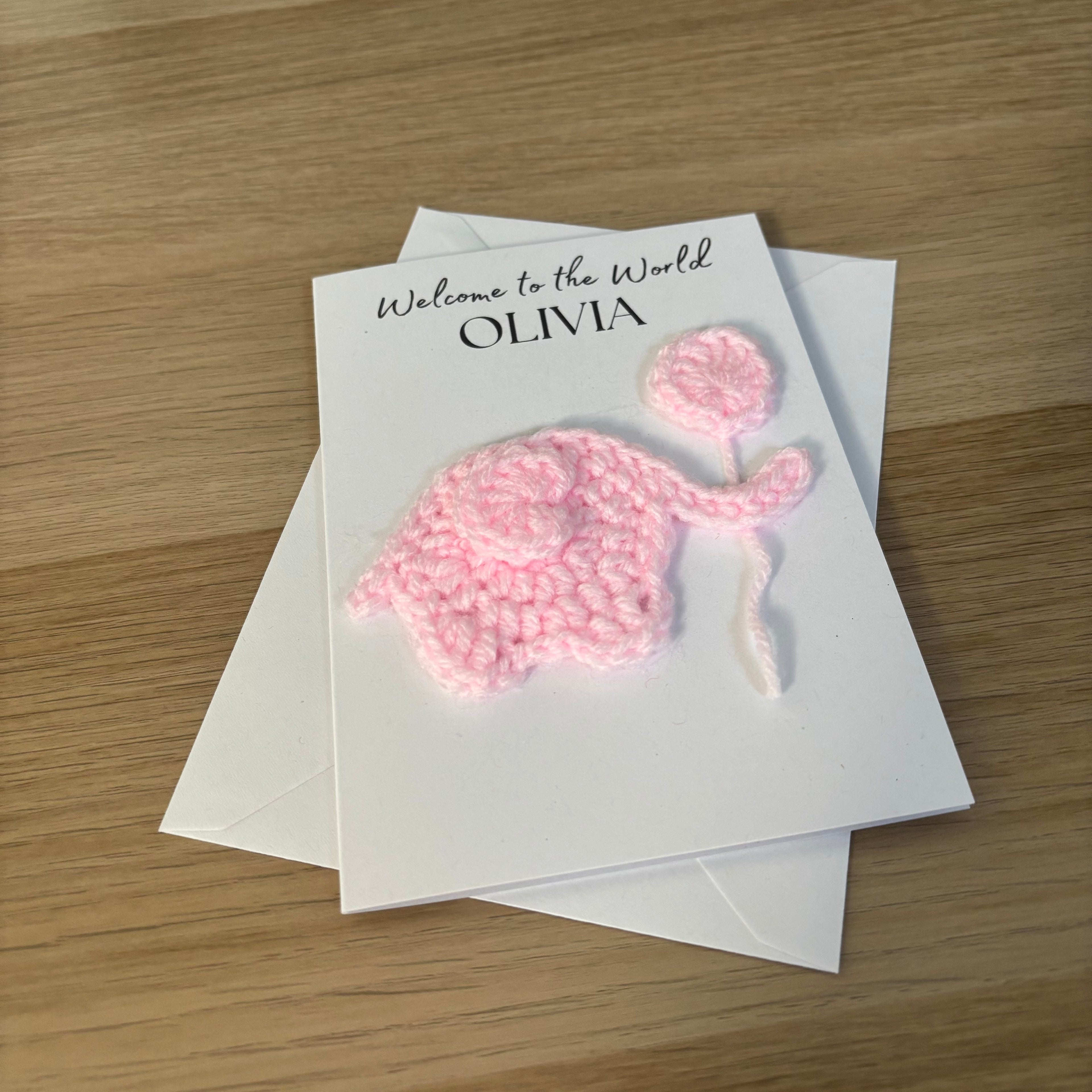 Personalised Crochet Pink Elephant New Baby Card for Baby Girl - 'Welcome to the World'
