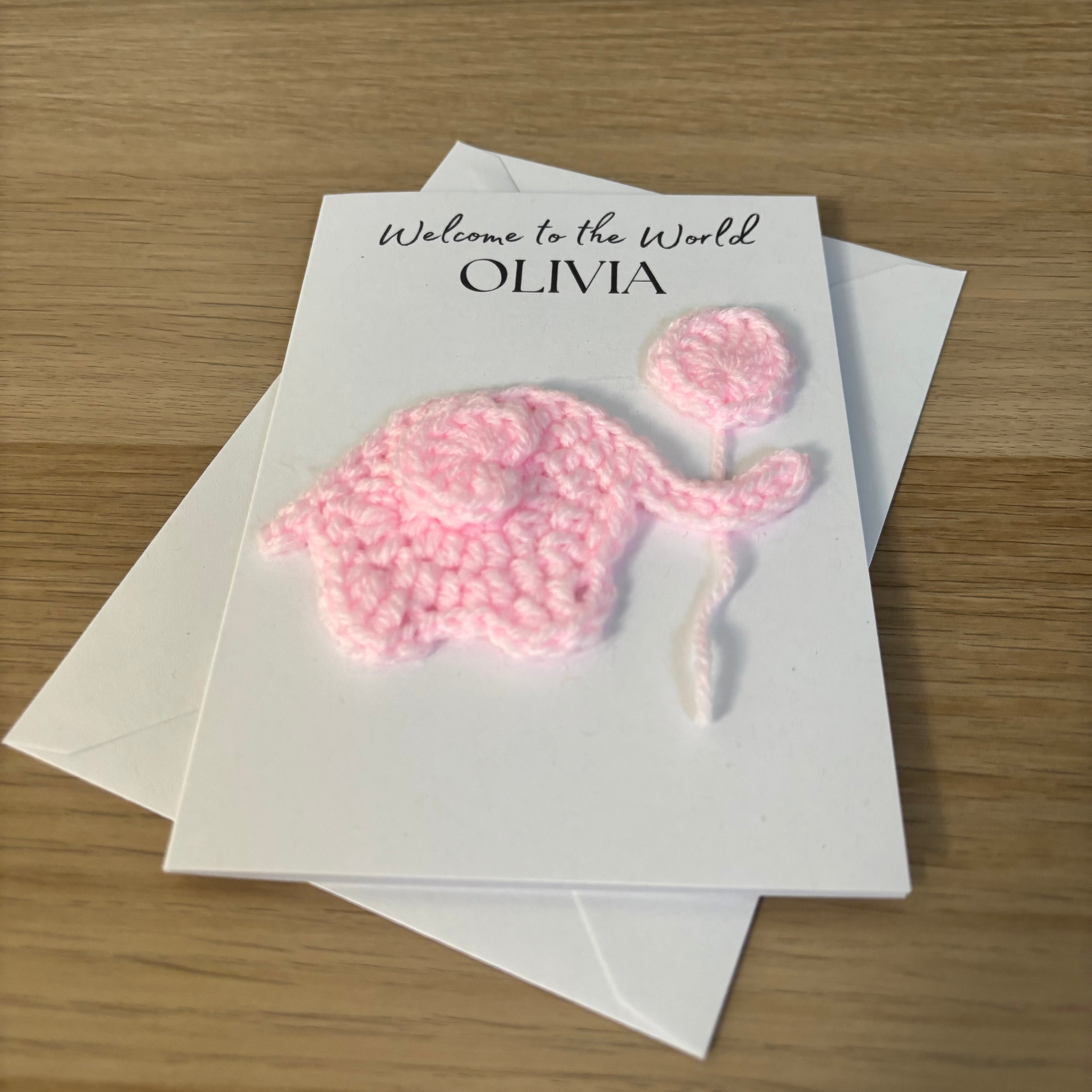 Personalised Crochet Pink Elephant New Baby Card for Baby Girl - 'Welcome to the World'