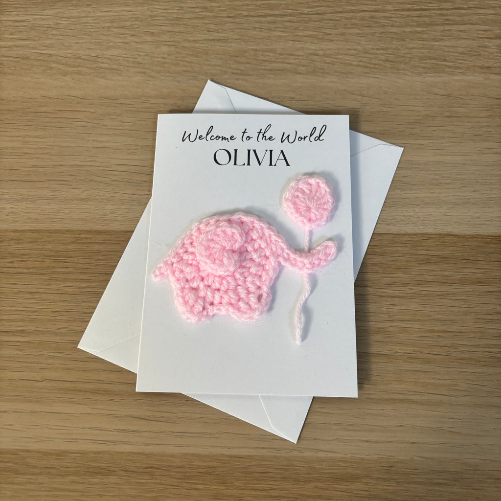 Personalised Crochet Pink Elephant New Baby Card for Baby Girl - 'Welcome to the World'