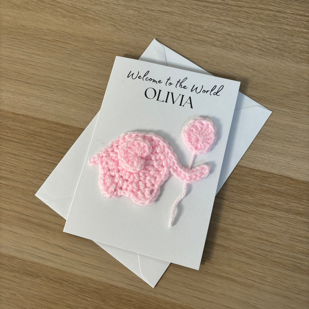Personalised Crochet Pink Elephant New Baby Card for Baby Girl - 'Welcome to the World'