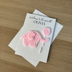Personalised Crochet Pink Elephant New Baby Card for Baby Girl - 'Welcome to the World'