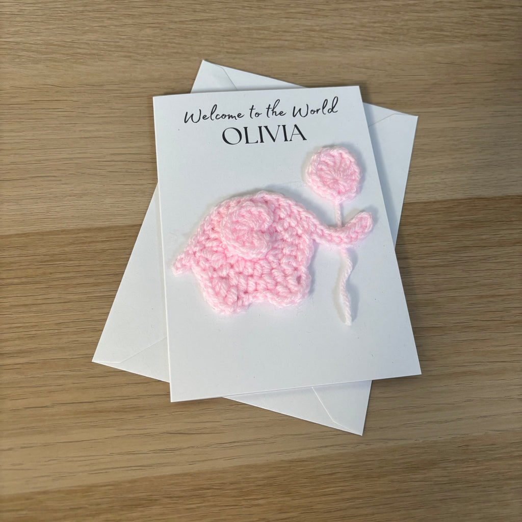 Personalised Crochet Pink Elephant New Baby Card for Baby Girl - 'Welcome to the World'