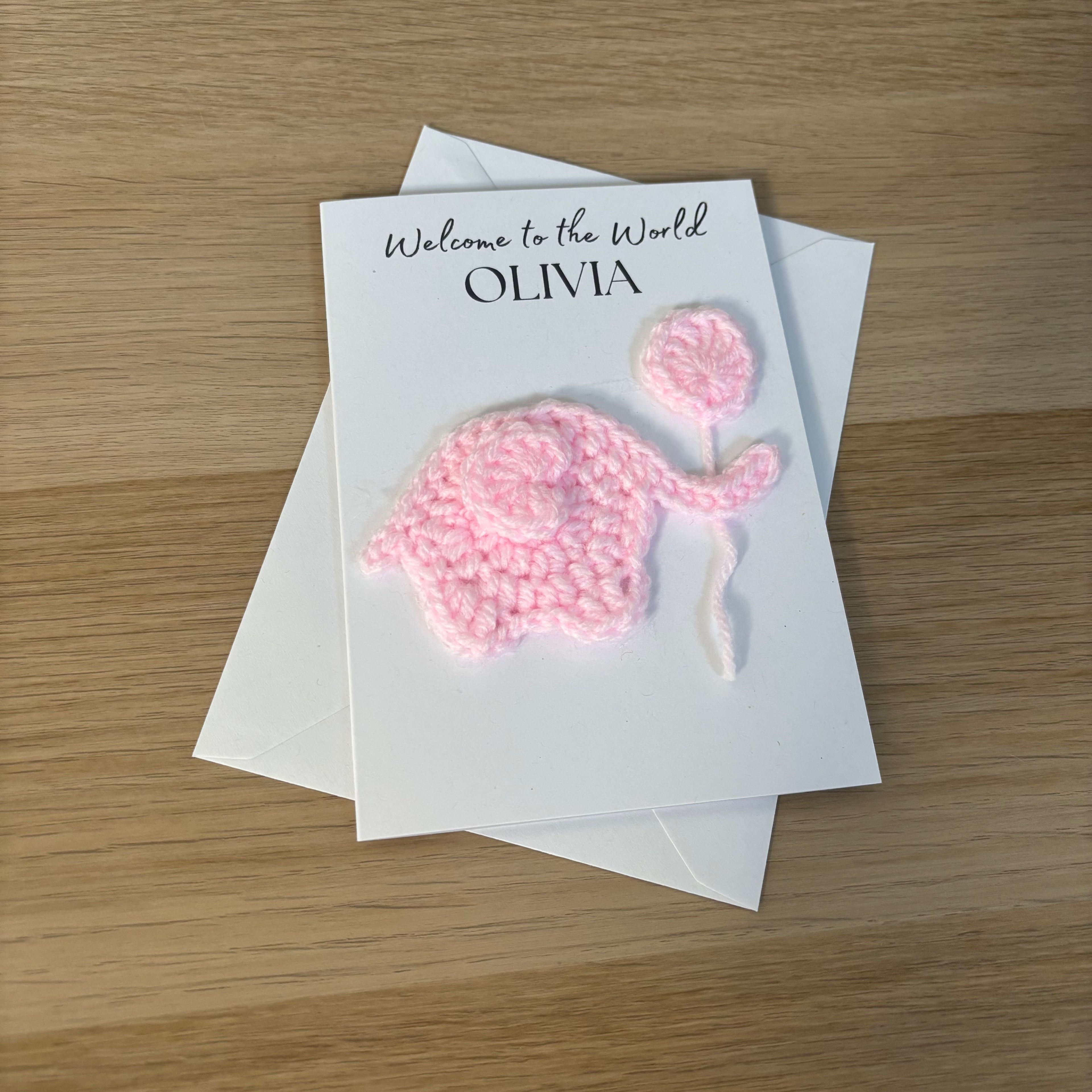 Personalised Crochet Pink Elephant New Baby Card for Baby Girl - 'Welcome to the World'