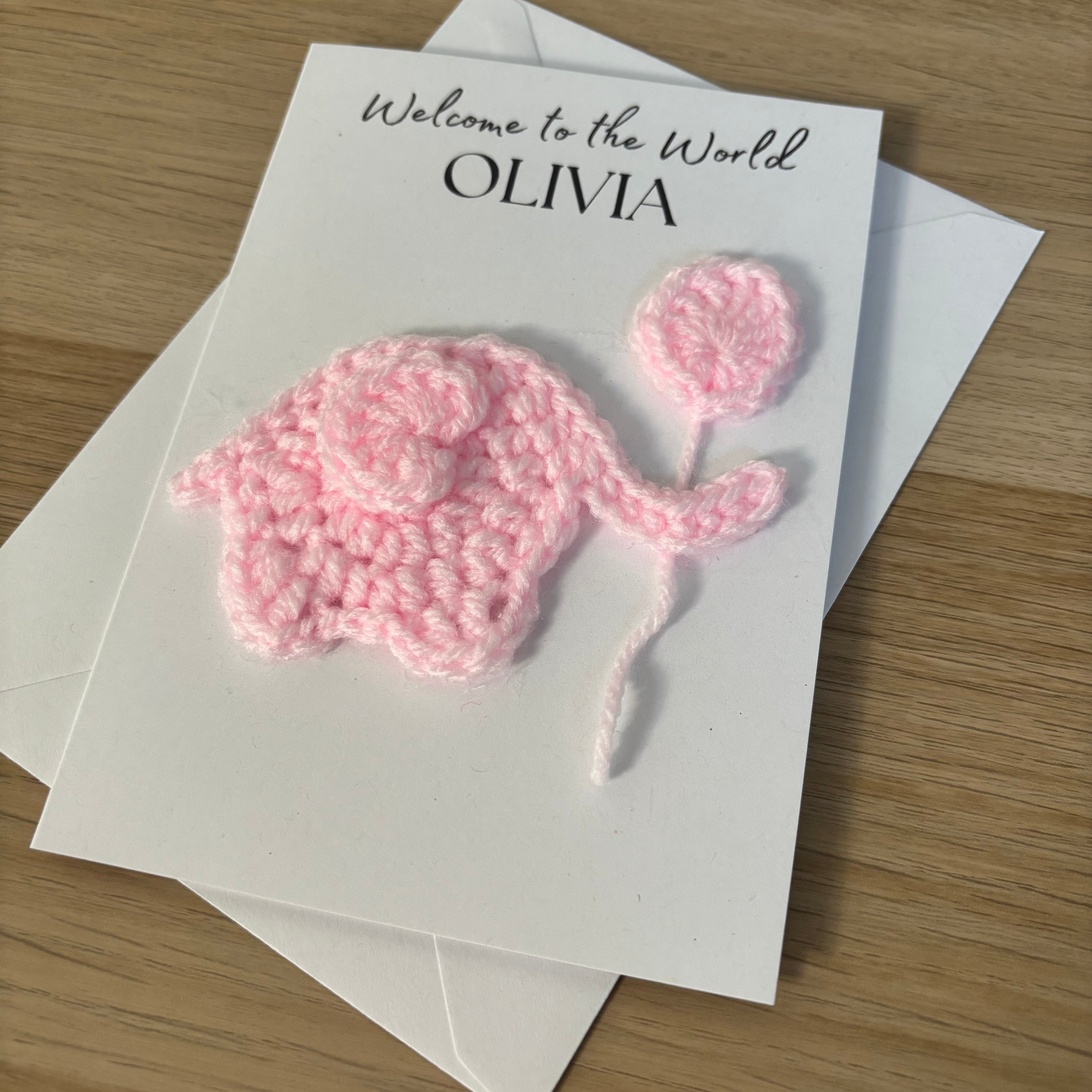 Personalised Crochet Pink Elephant New Baby Card for Baby Girl - 'Welcome to the World'
