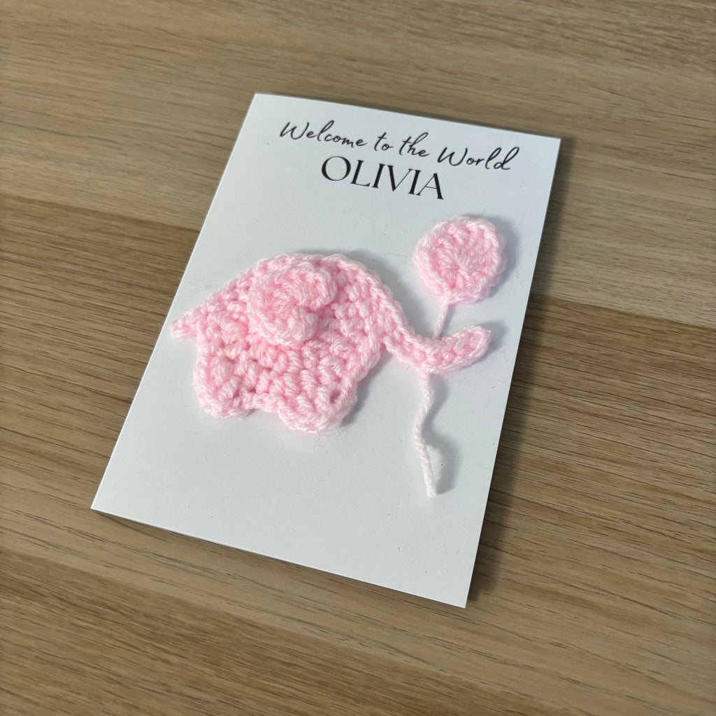 Personalised Crochet Pink Elephant New Baby Card for Baby Girl - 'Welcome to the World'