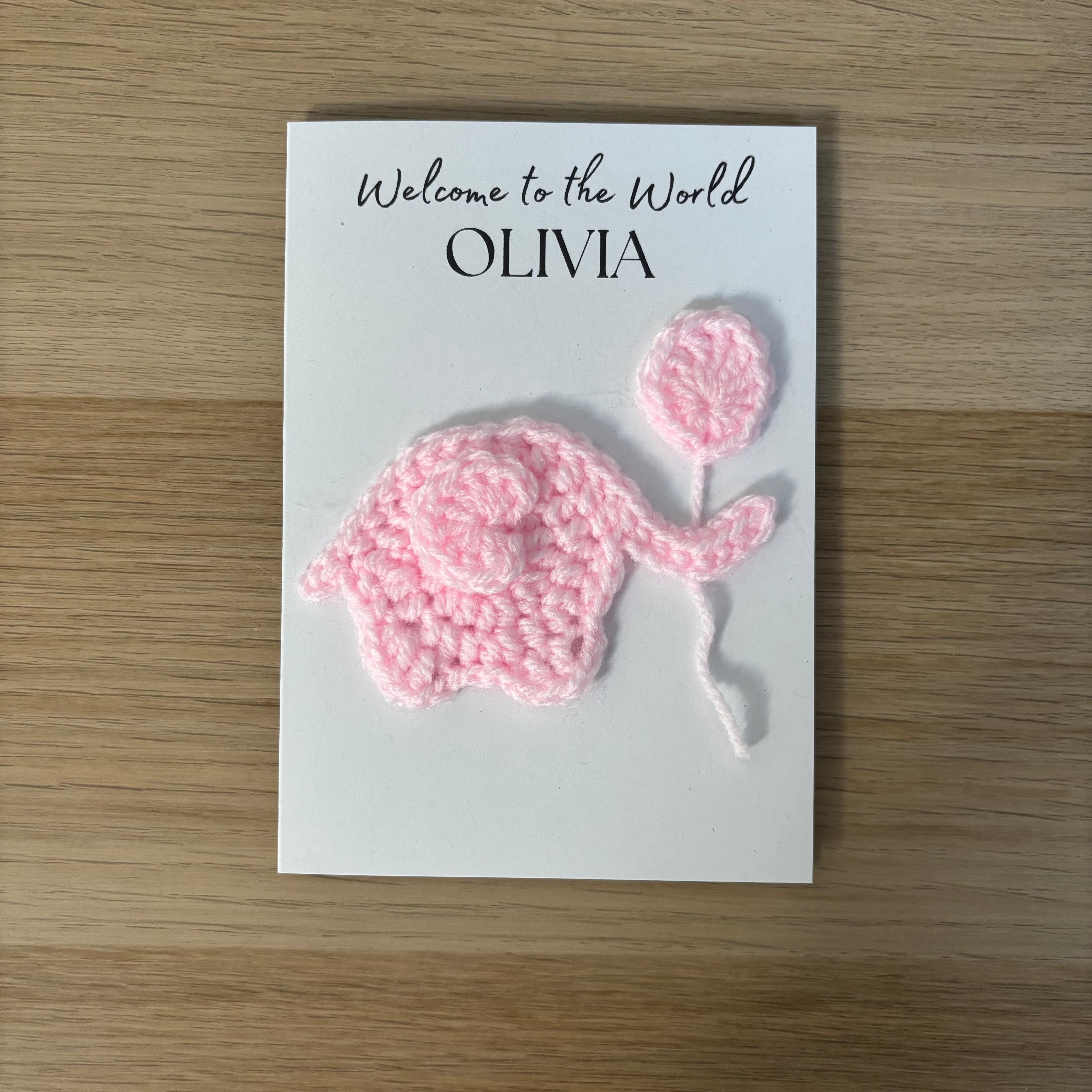 Personalised Crochet Pink Elephant New Baby Card for Baby Girl - 'Welcome to the World'