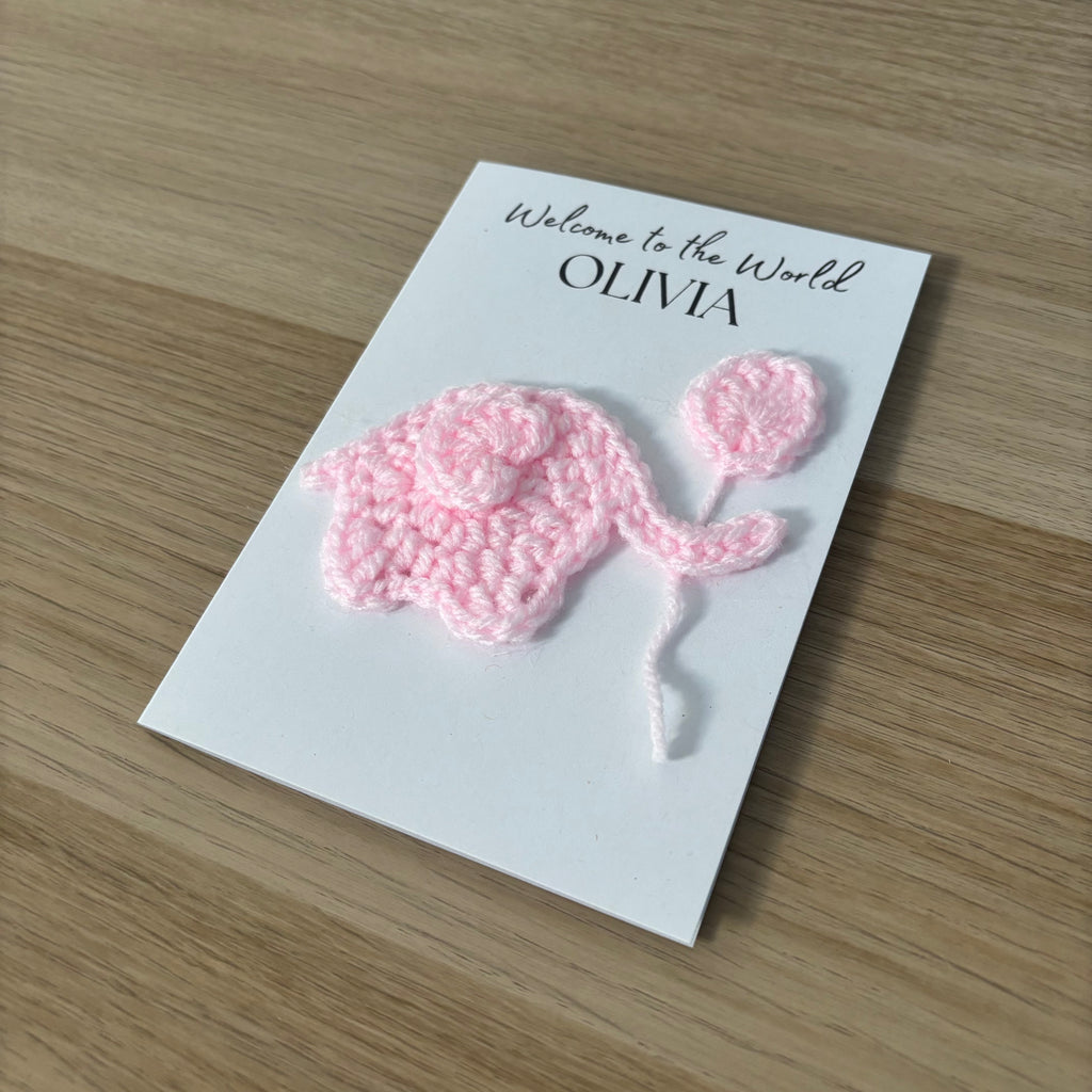 Personalised Crochet Pink Elephant New Baby Card for Baby Girl - 'Welcome to the World'