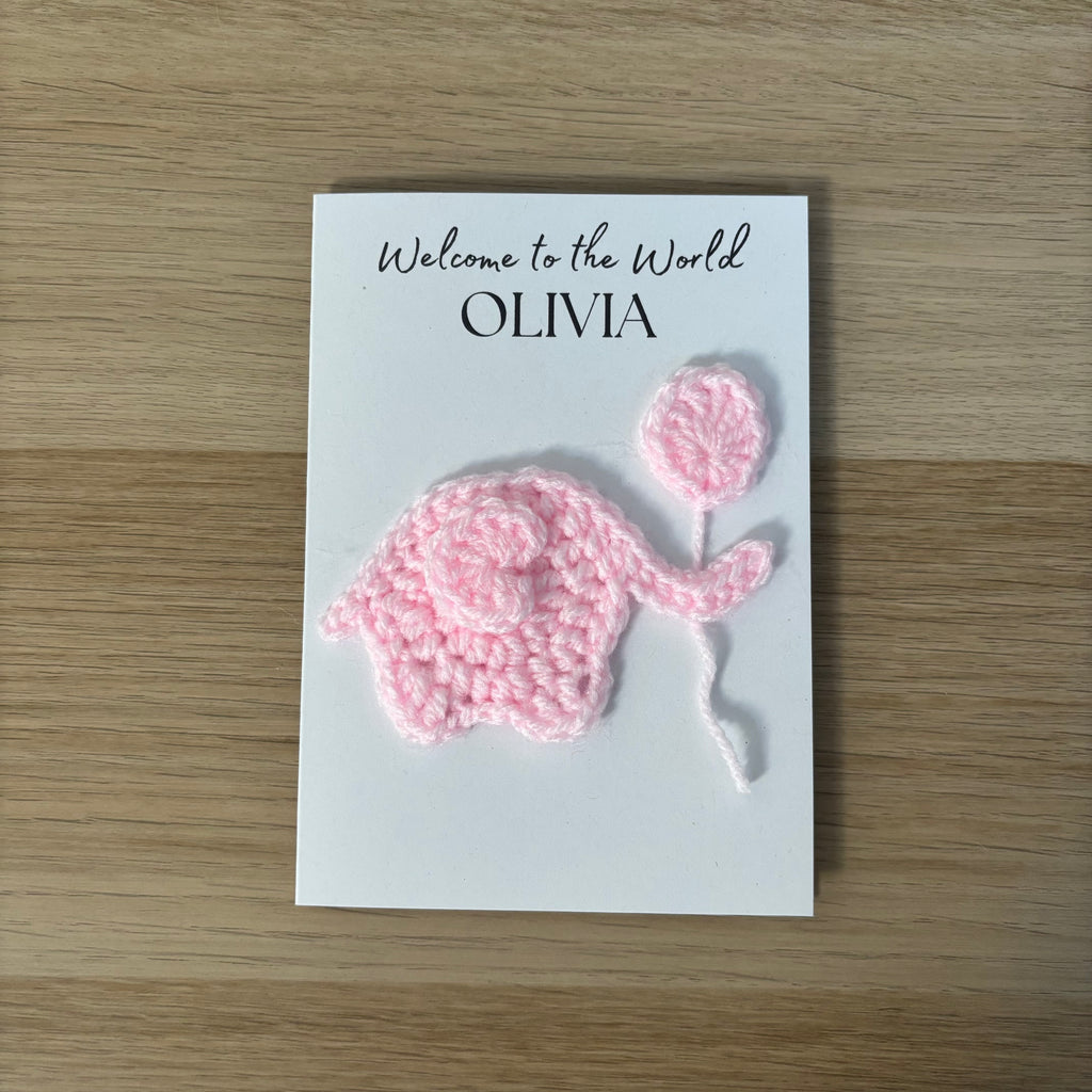 Personalised Crochet Pink Elephant New Baby Card for Baby Girl - 'Welcome to the World'
