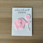 Personalised Crochet Pink Elephant New Baby Card for Baby Girl - 'Welcome to the World'
