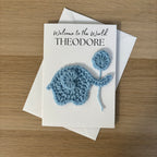 Personalised Crochet Elephant New Baby Card for Baby Boy - 'Welcome to the World'