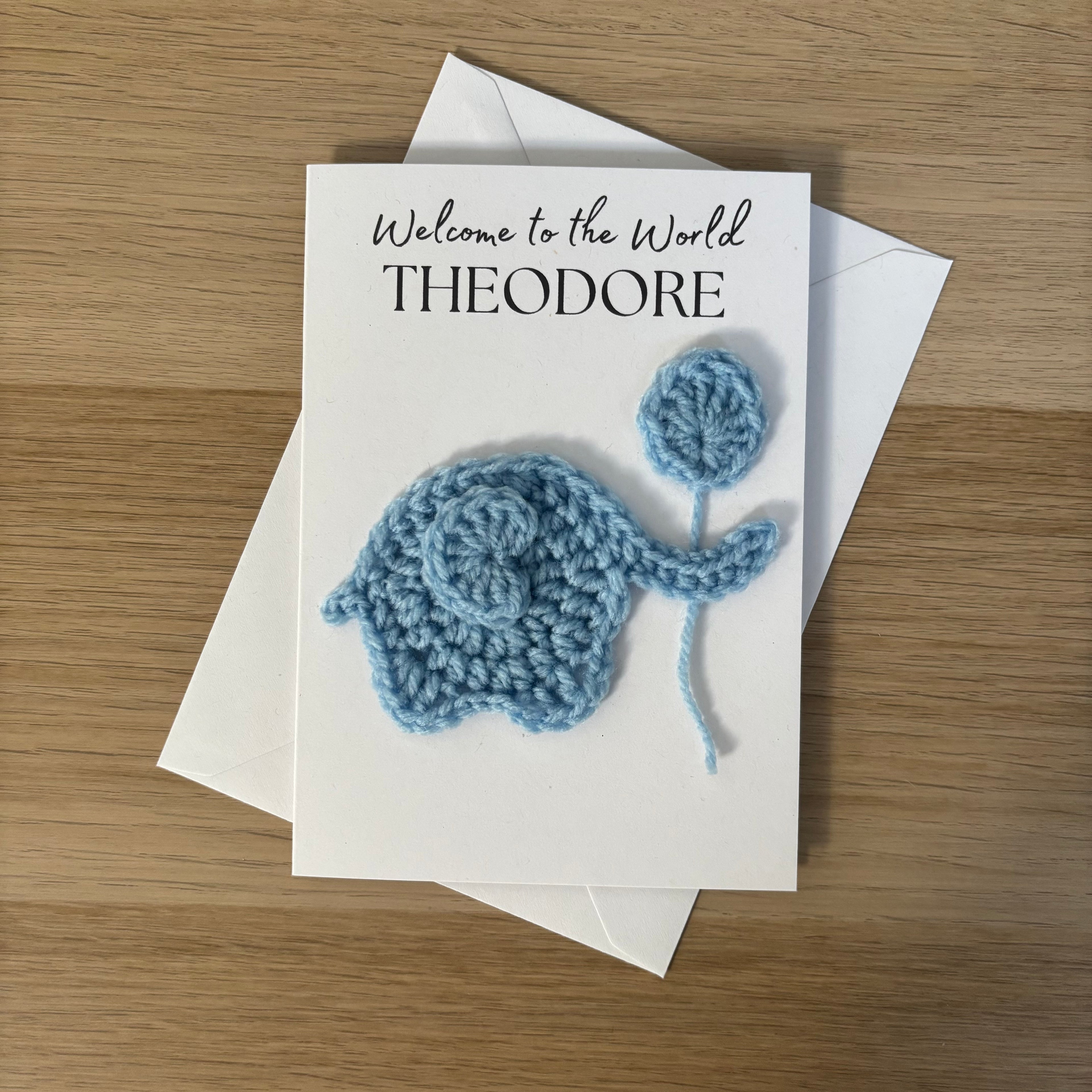 Personalised Crochet Elephant New Baby Card for Baby Boy - 'Welcome to the World'