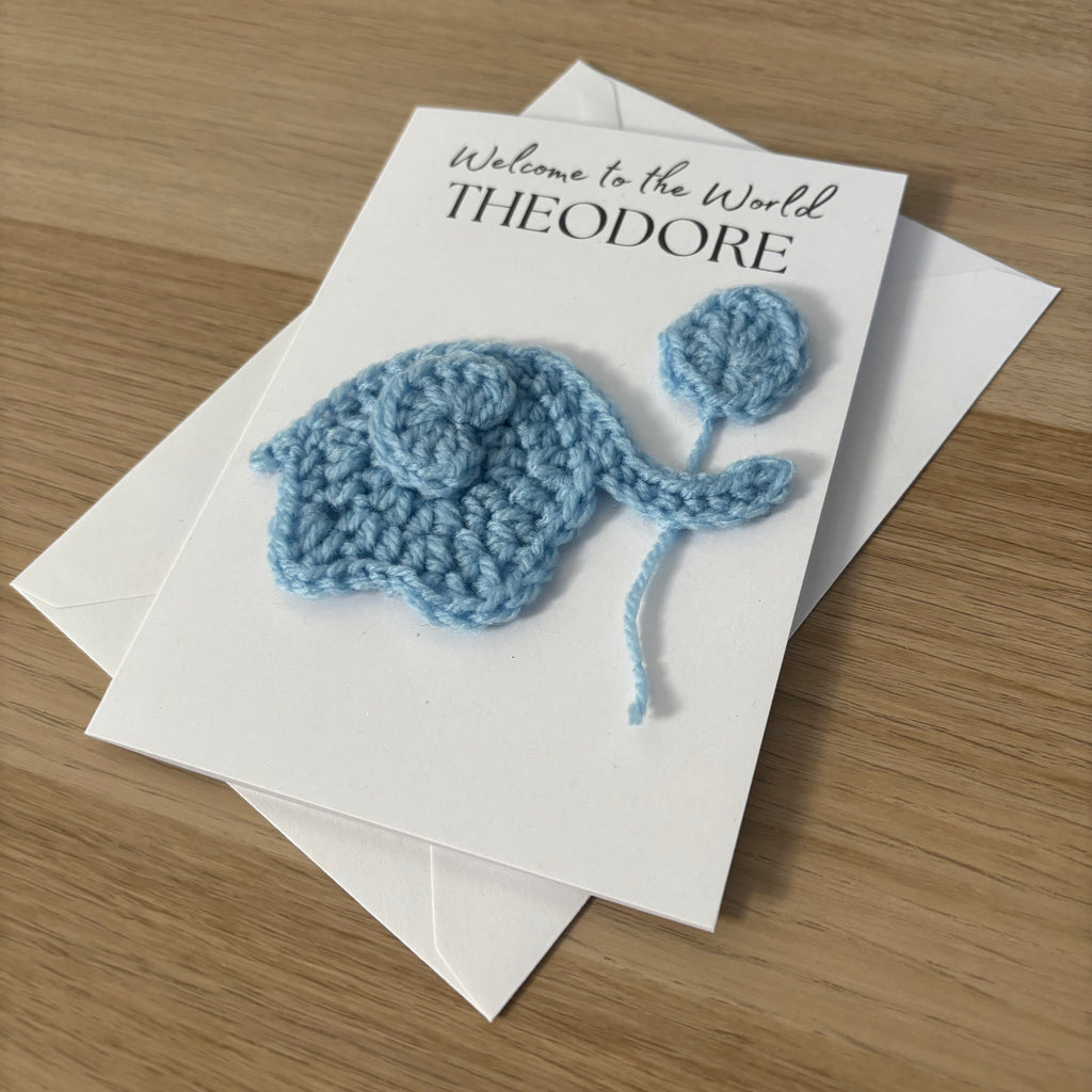 Personalised Crochet Elephant New Baby Card for Baby Boy - 'Welcome to the World'