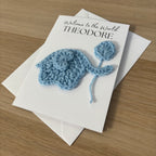 Personalised Crochet Elephant New Baby Card for Baby Boy - 'Welcome to the World'