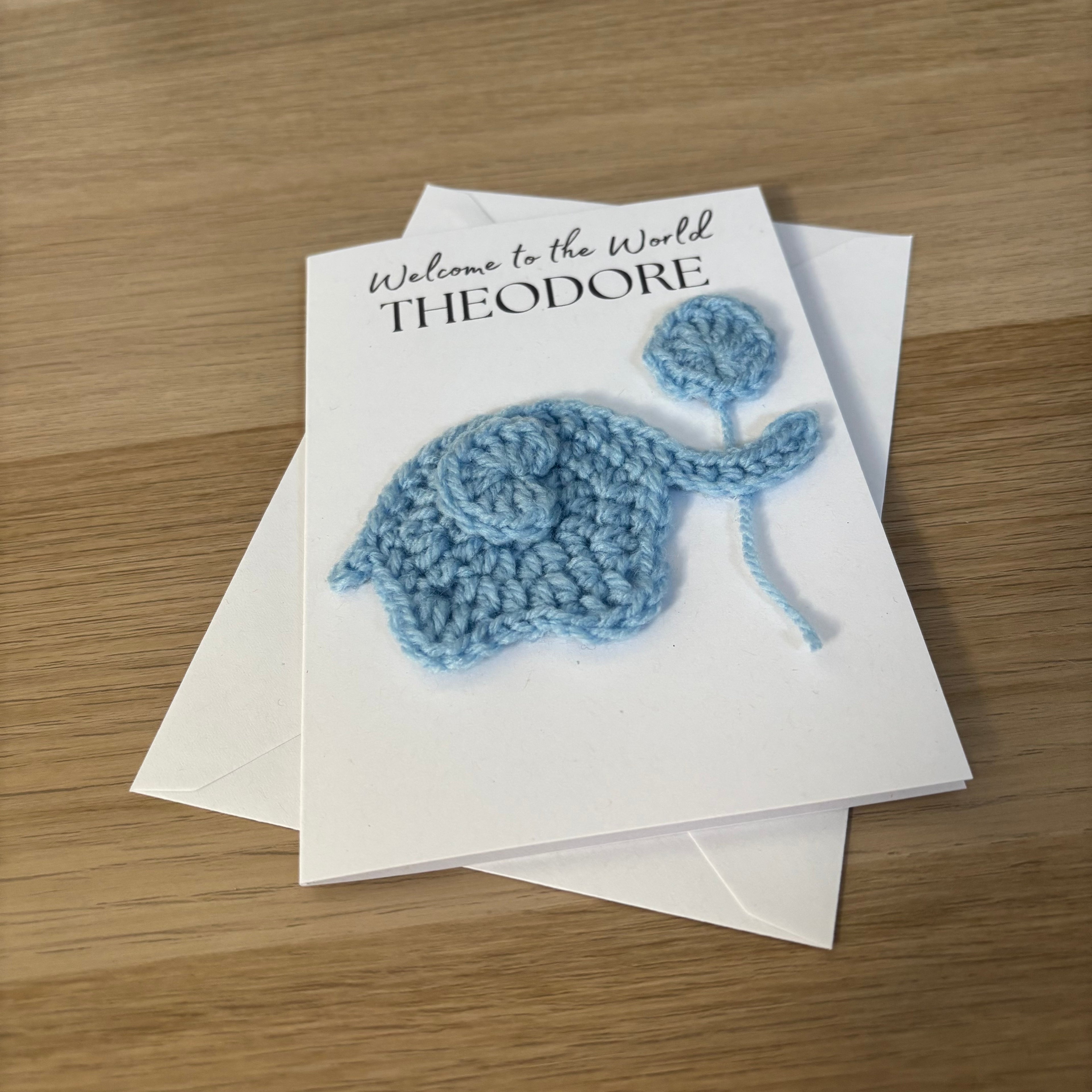 Personalised Crochet Elephant New Baby Card for Baby Boy - 'Welcome to the World'