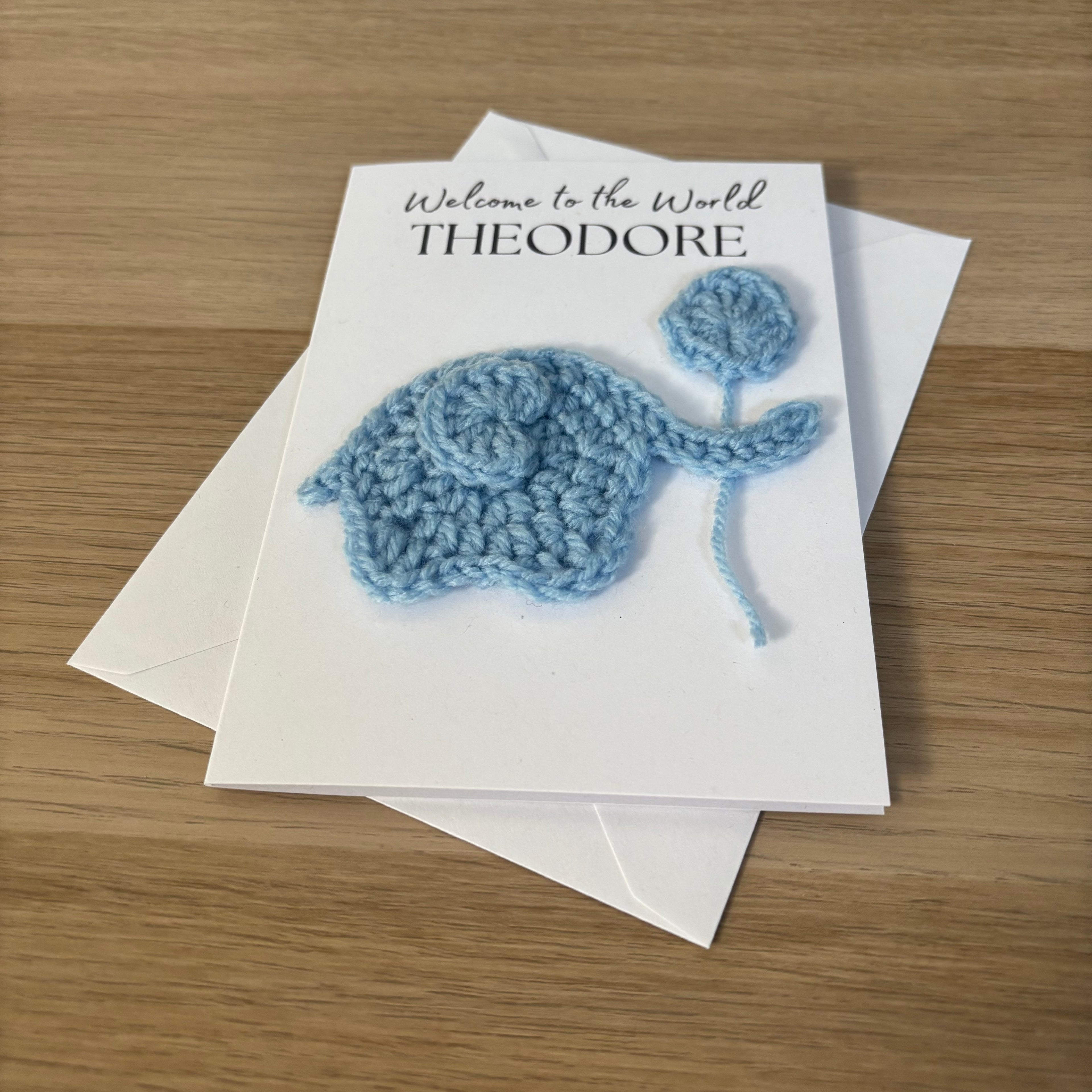 Personalised Crochet Elephant New Baby Card for Baby Boy - 'Welcome to the World'