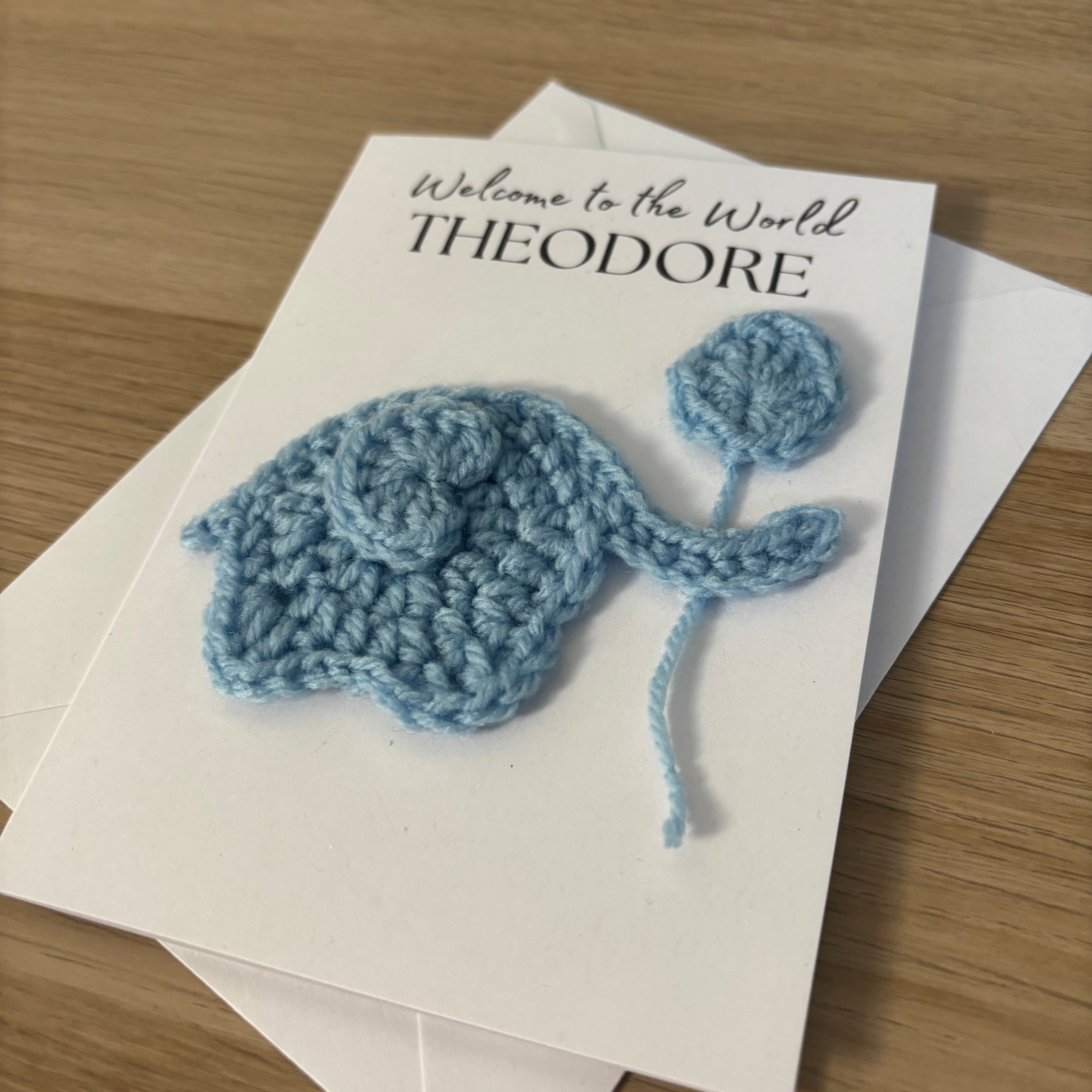 Personalised Crochet Elephant New Baby Card for Baby Boy - 'Welcome to the World'
