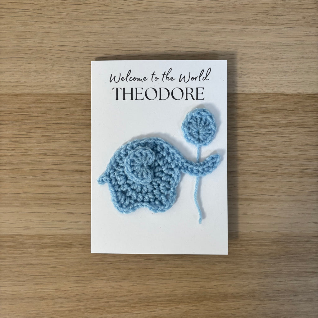 Personalised Crochet Elephant New Baby Card for Baby Boy - 'Welcome to the World'