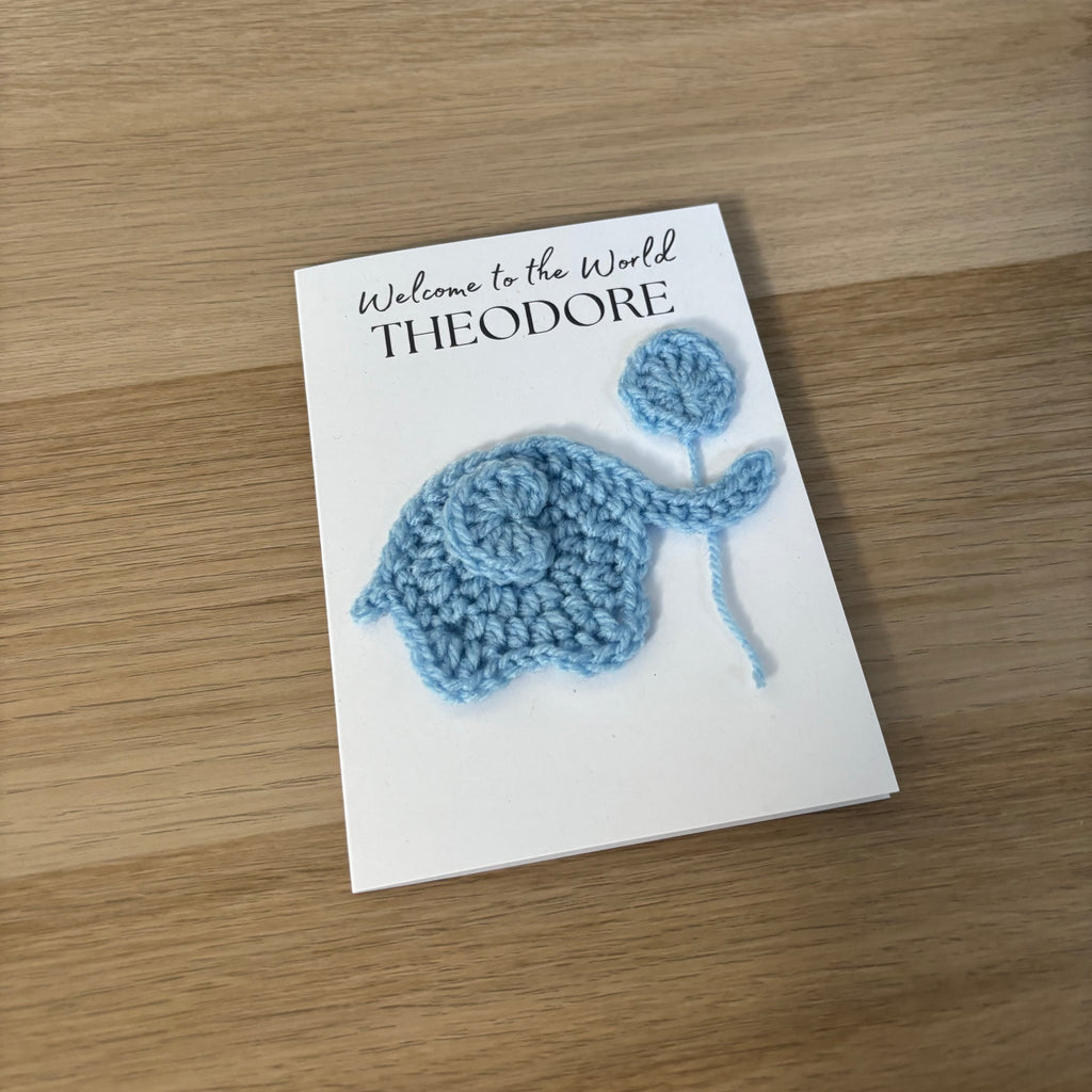 Personalised Crochet Elephant New Baby Card for Baby Boy - 'Welcome to the World'