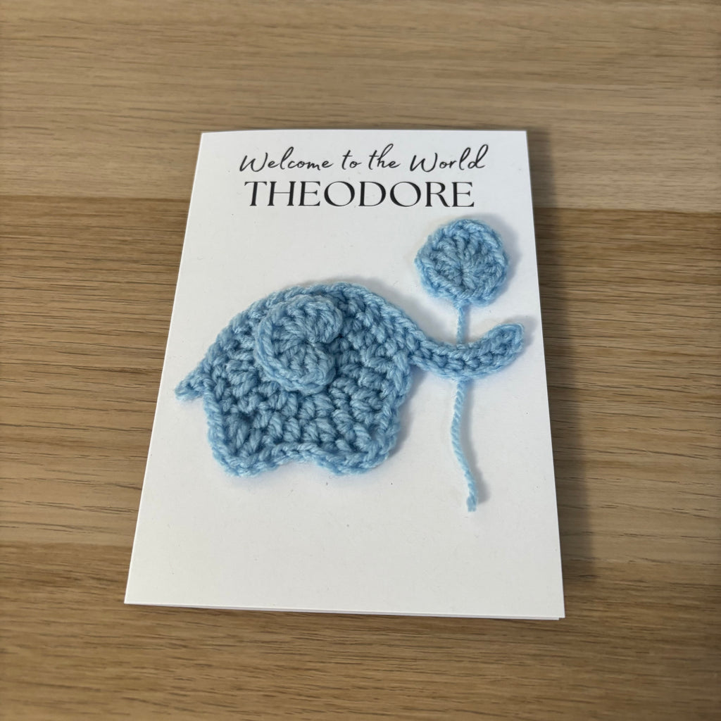 Personalised Crochet Elephant New Baby Card for Baby Boy - 'Welcome to the World'