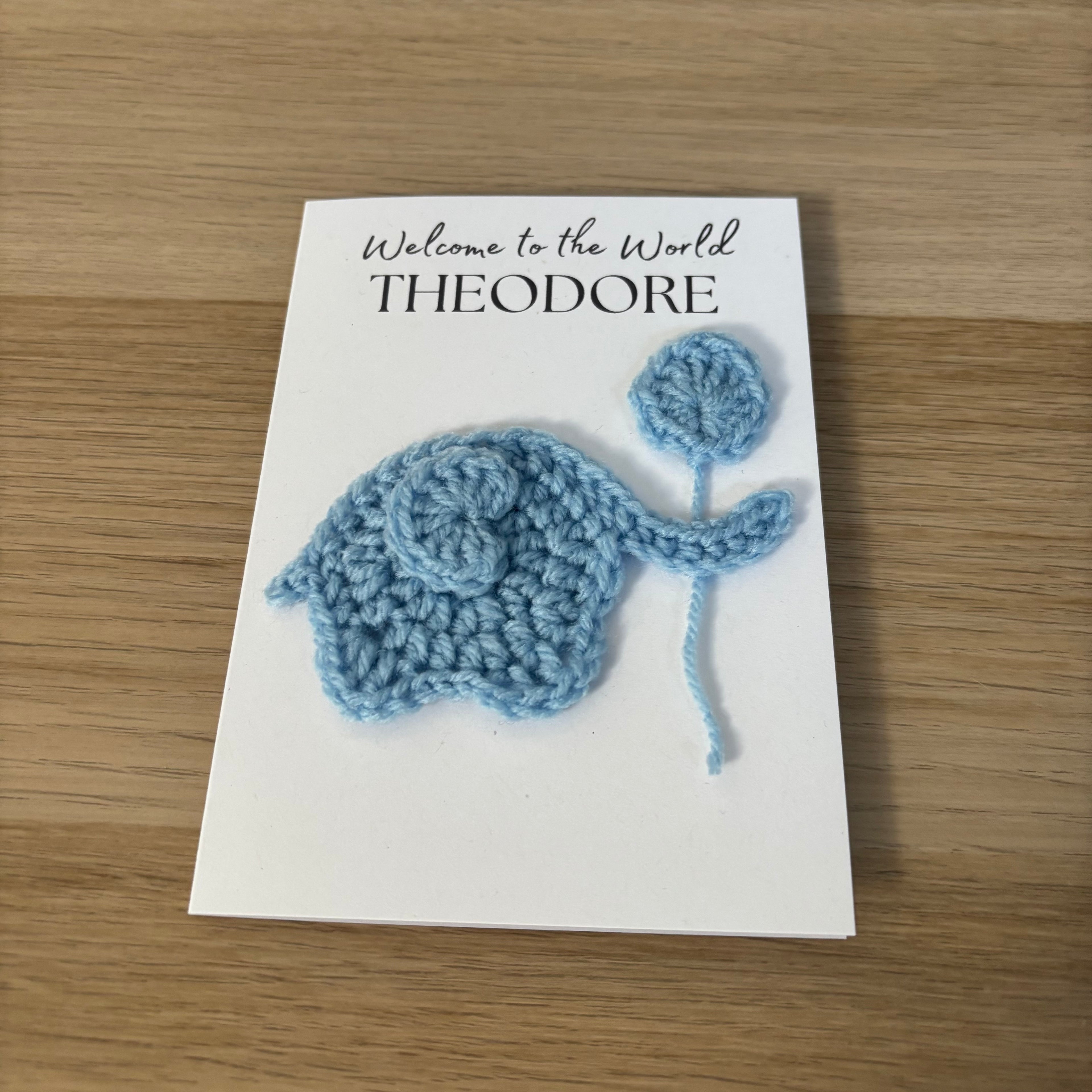 Personalised Crochet Elephant New Baby Card for Baby Boy - 'Welcome to the World'