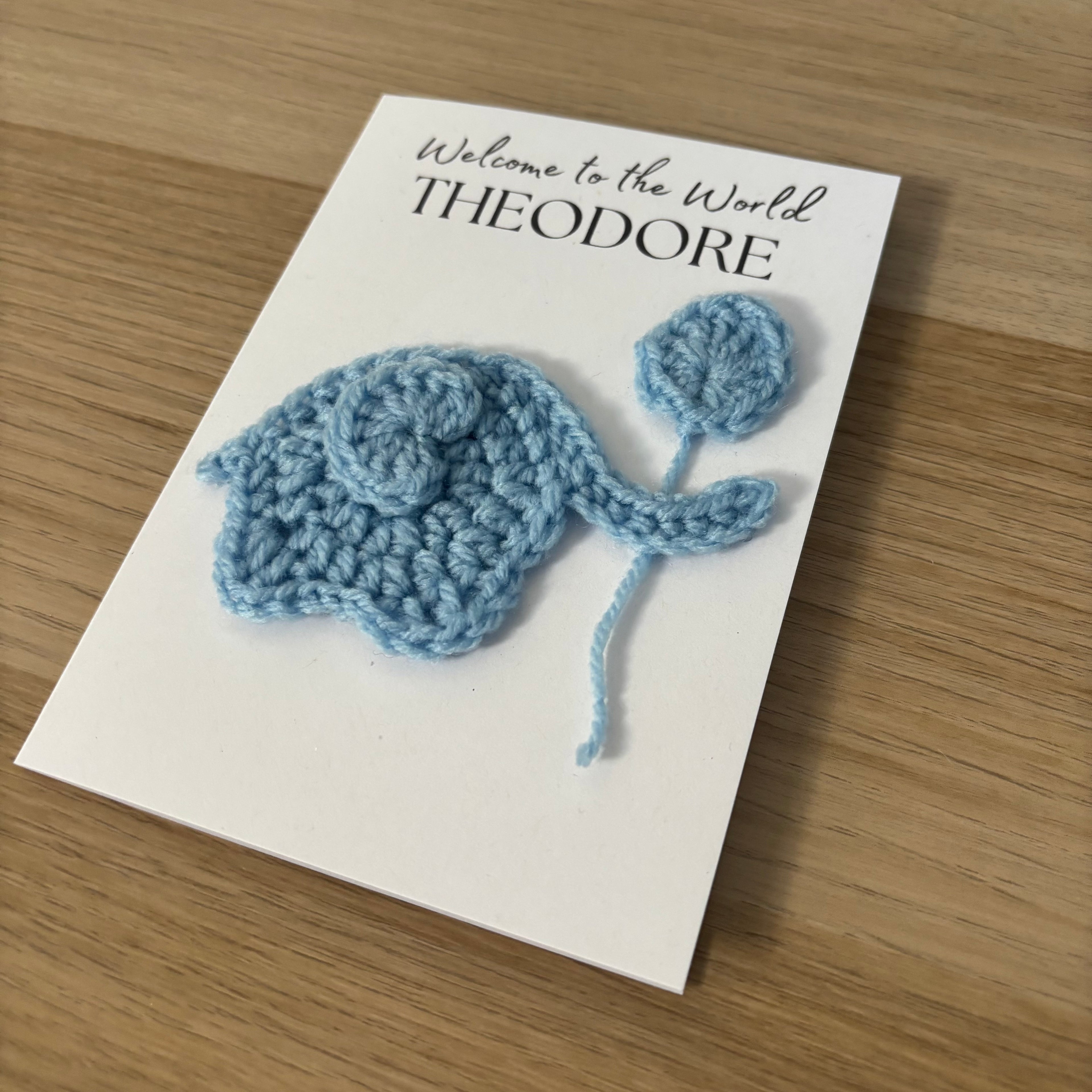 Personalised Crochet Elephant New Baby Card for Baby Boy - 'Welcome to the World'