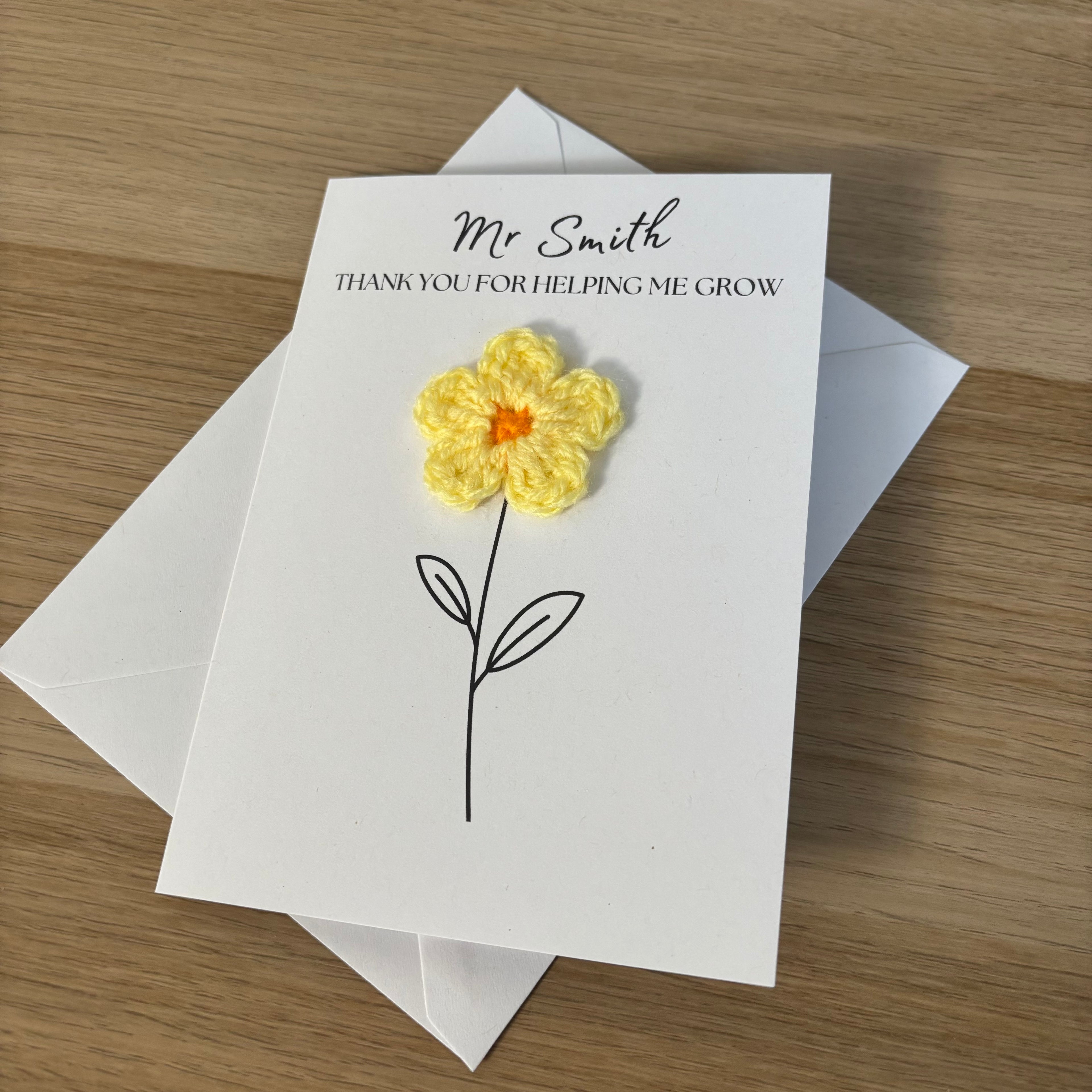 Personalised Teacher Card - 'Thank You for Helping me Grow' - Crochet Yellow Daisy Flower
