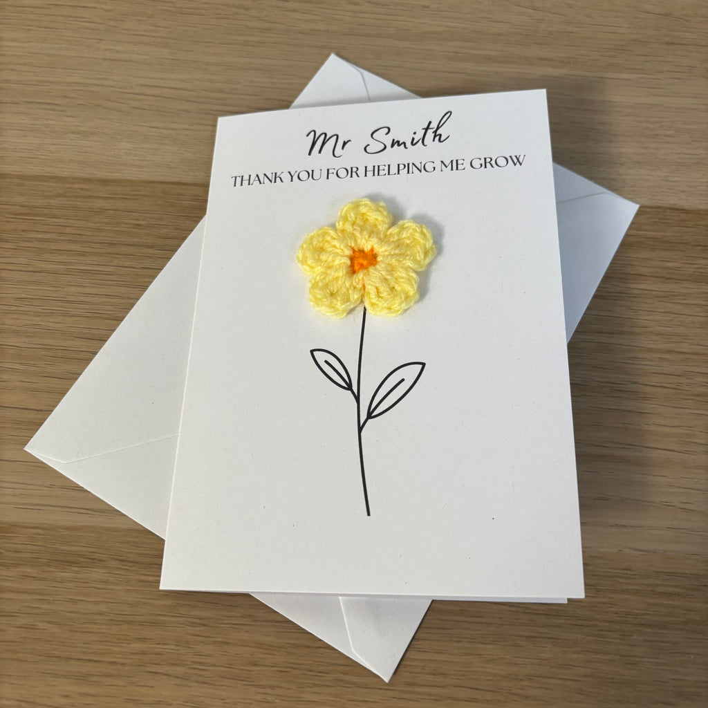Personalised Teacher Card - 'Thank You for Helping me Grow' - Crochet Yellow Daisy Flower