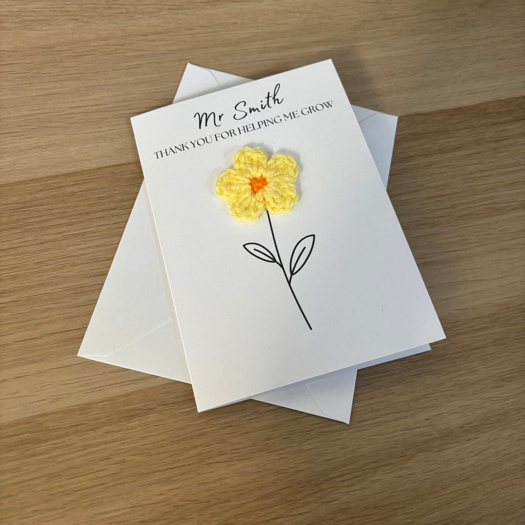 Personalised Teacher Card - 'Thank You for Helping me Grow' - Crochet Yellow Daisy Flower