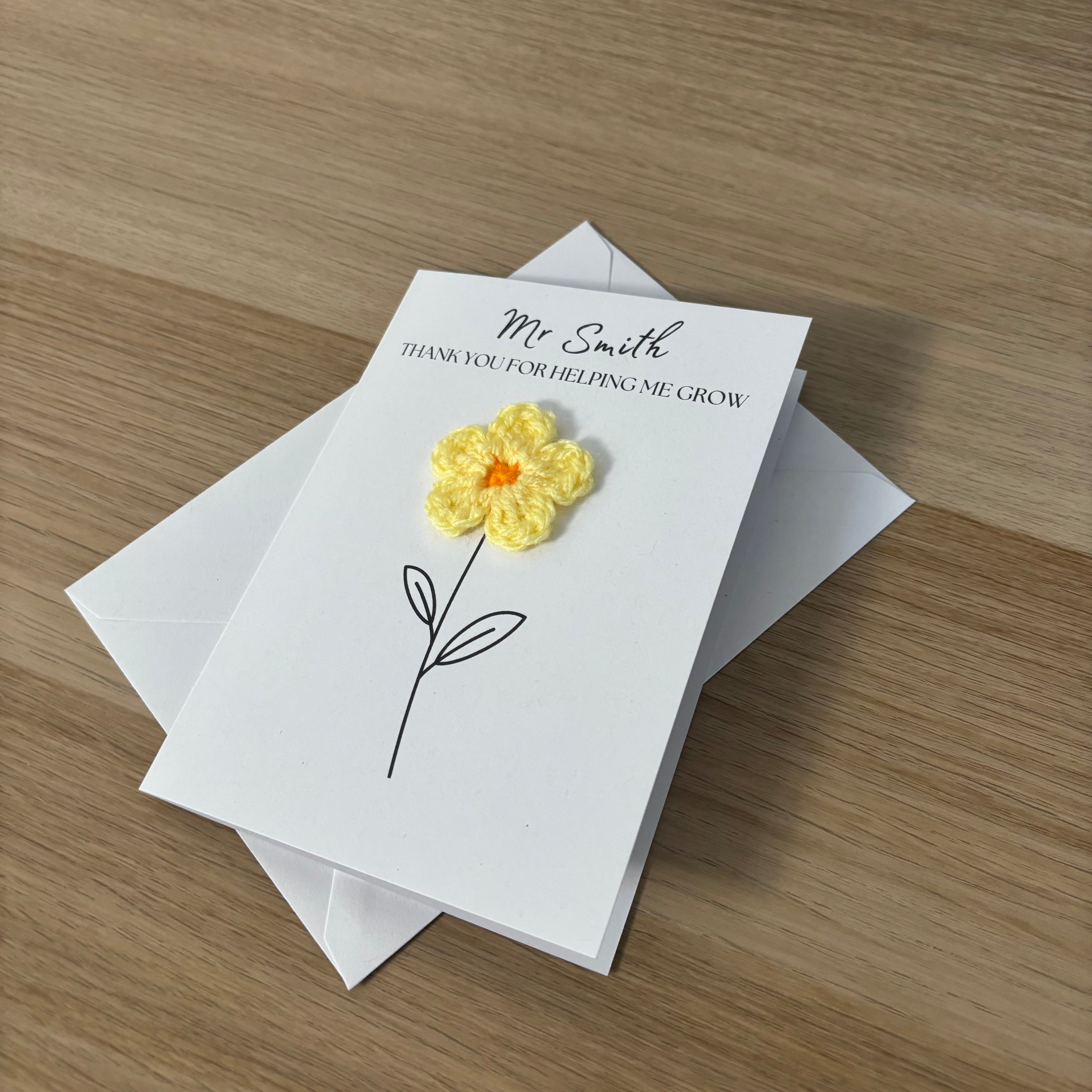 Personalised Teacher Card - 'Thank You for Helping me Grow' - Crochet Yellow Daisy Flower