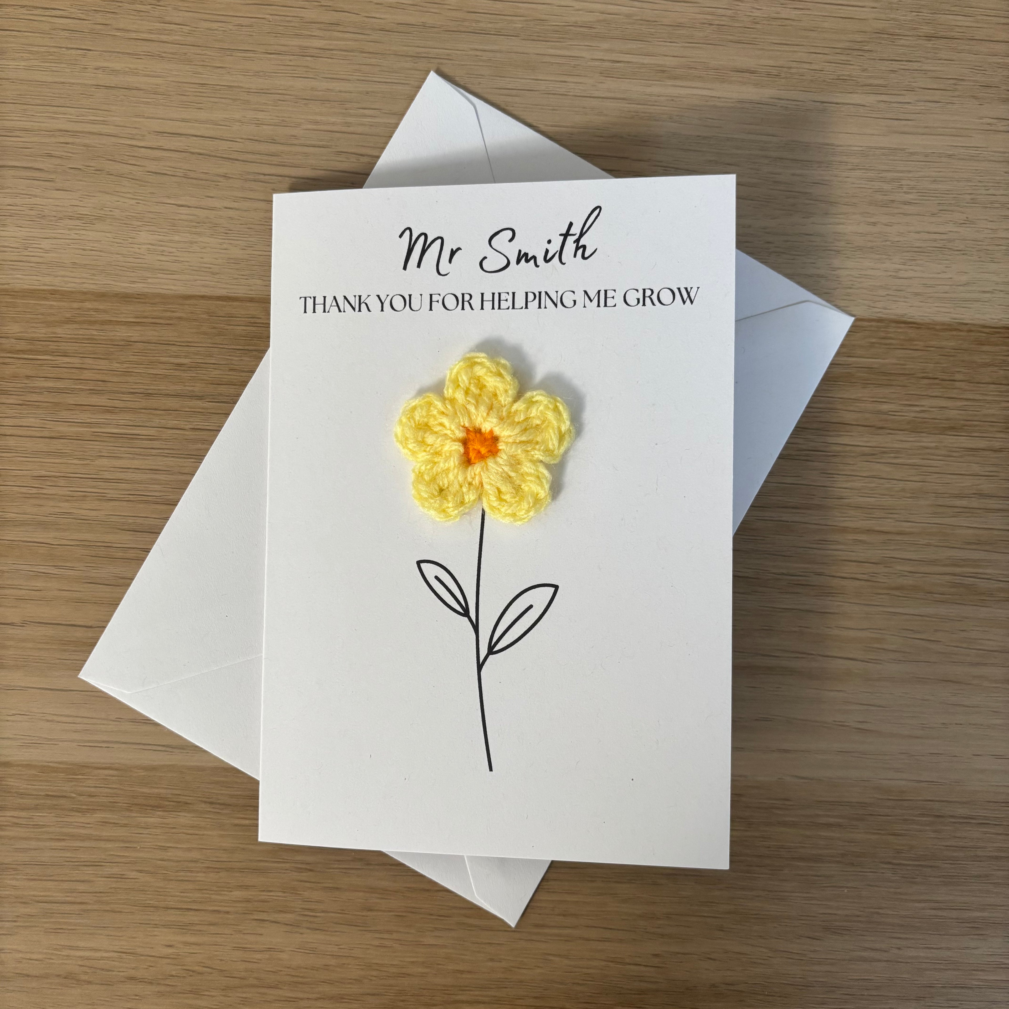 Personalised Teacher Card - 'Thank You for Helping me Grow' - Crochet Yellow Daisy Flower
