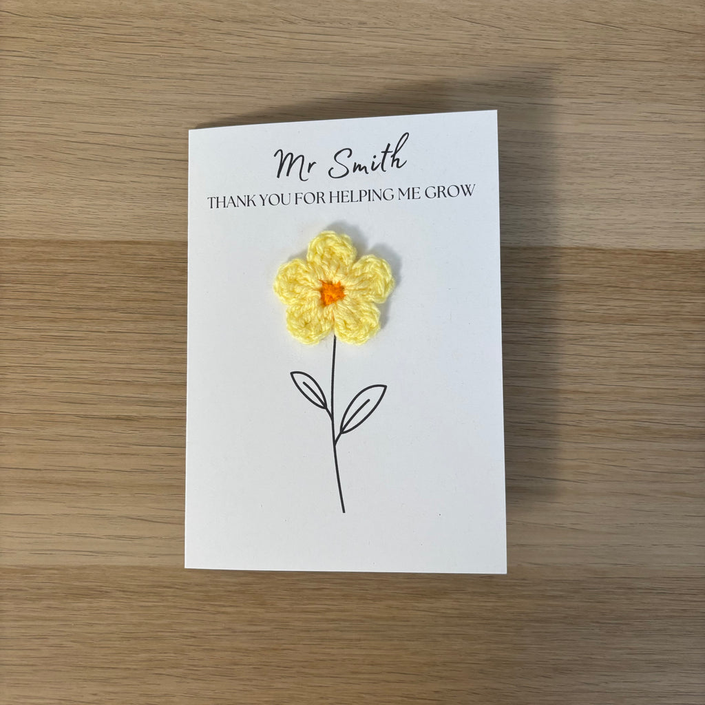 Personalised Teacher Card - 'Thank You for Helping me Grow' - Crochet Yellow Daisy Flower