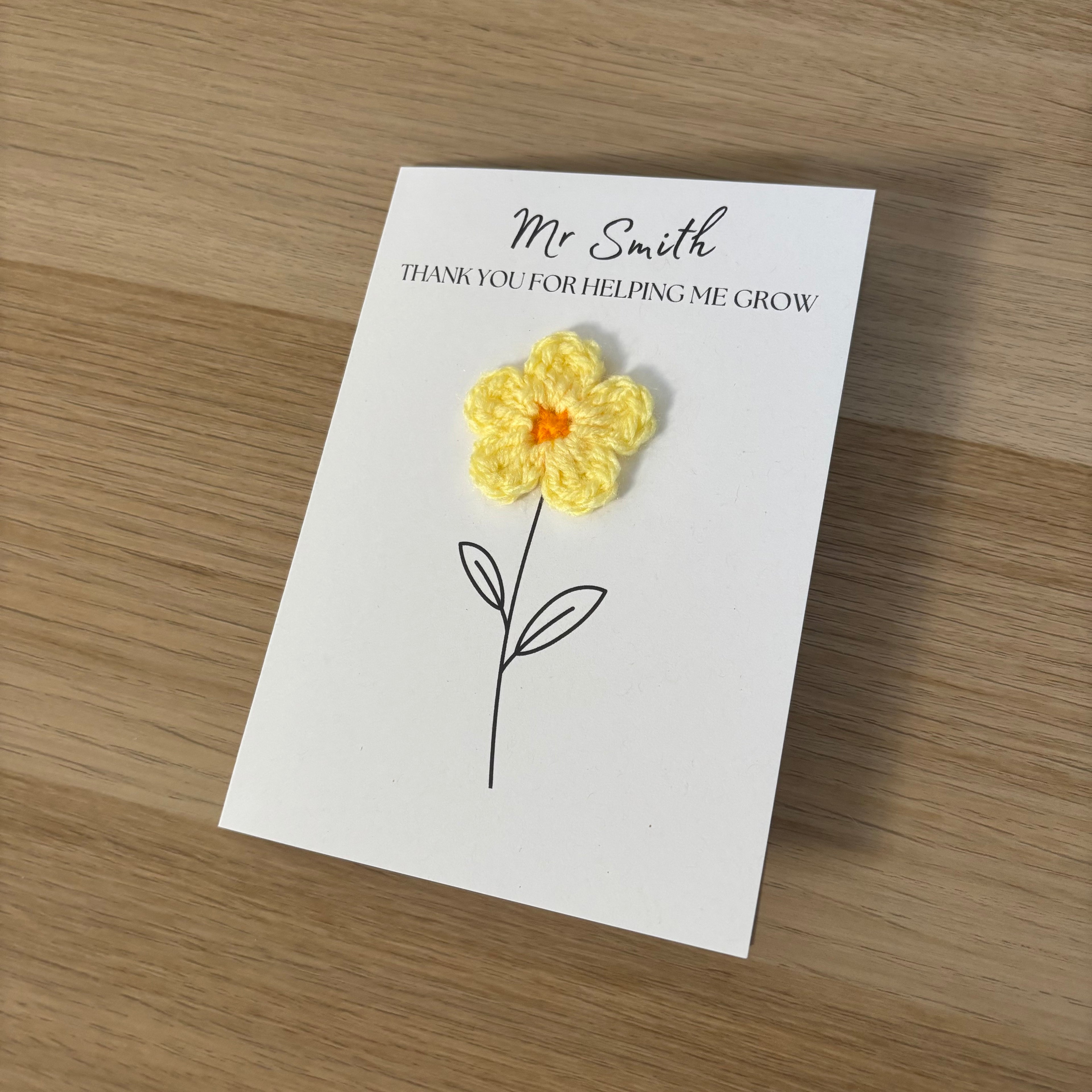 Personalised Teacher Card - 'Thank You for Helping me Grow' - Crochet Yellow Daisy Flower