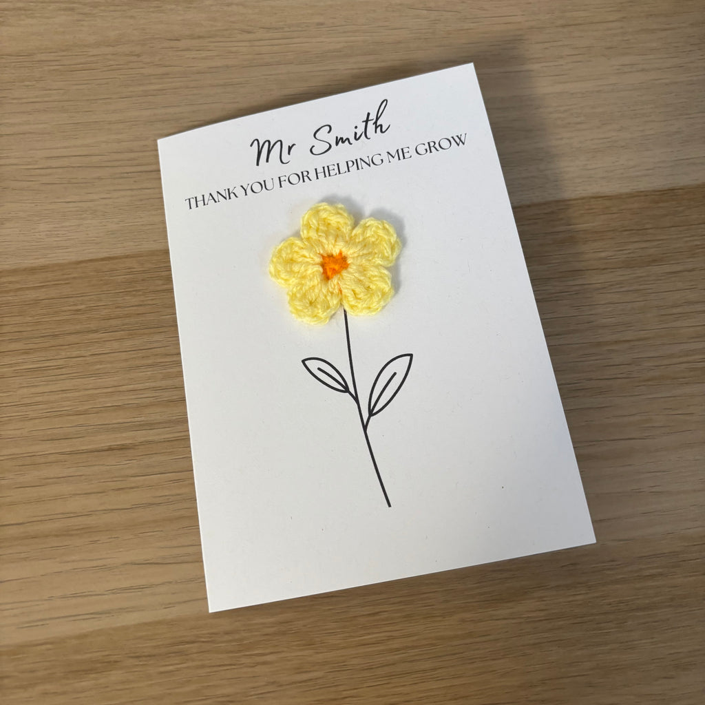 Personalised Teacher Card - 'Thank You for Helping me Grow' - Crochet Yellow Daisy Flower