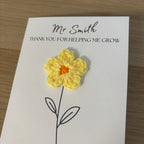 Personalised Teacher Card - 'Thank You for Helping me Grow' - Crochet Yellow Daisy Flower