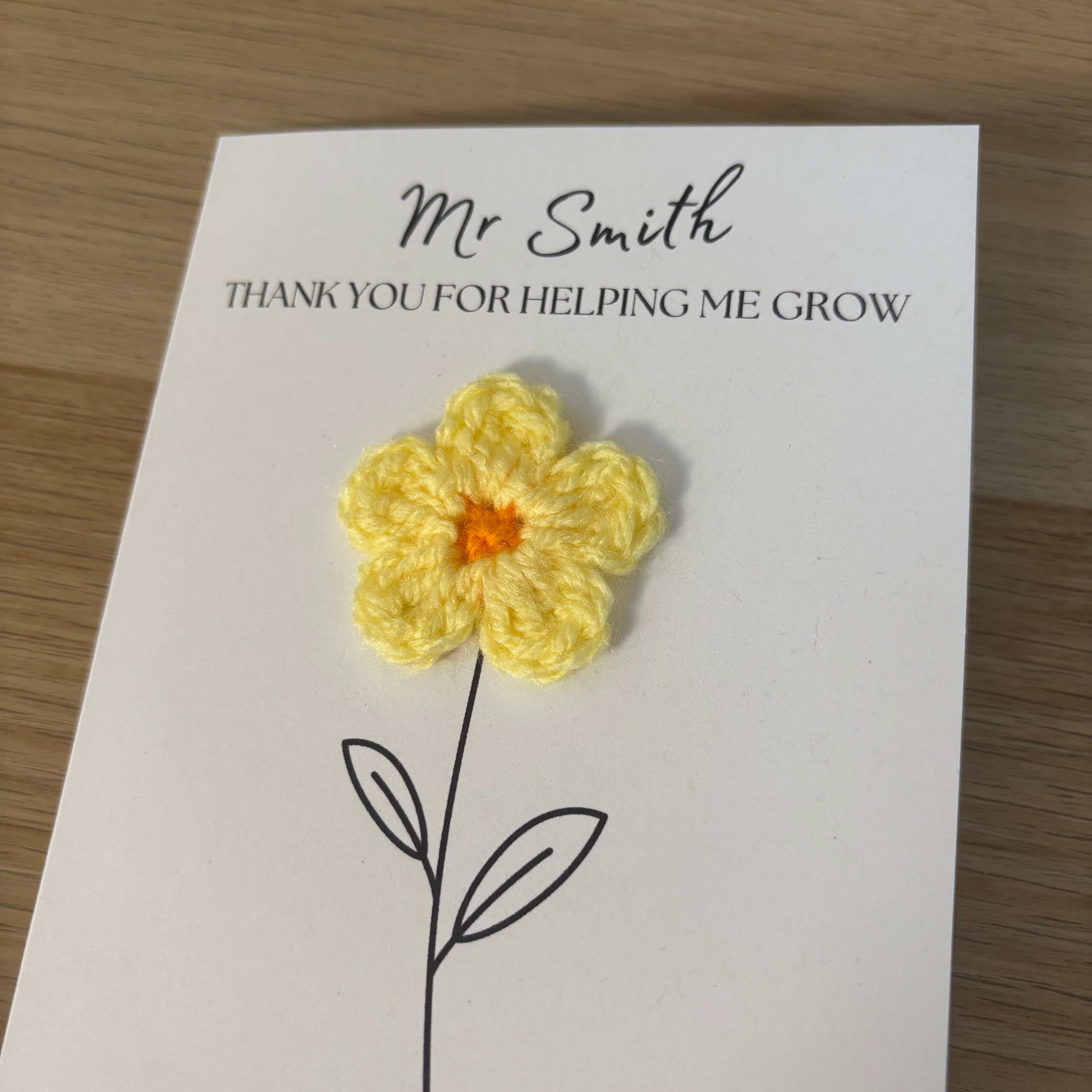Personalised Teacher Card - 'Thank You for Helping me Grow' - Crochet Yellow Daisy Flower
