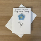 Sorry You're Leaving - We'll Never Forget You Card with Crochet Forget-Me-Not Flower
