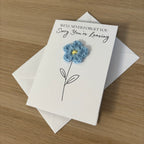 Sorry You're Leaving - We'll Never Forget You Card with Crochet Forget-Me-Not Flower