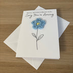 Sorry You're Leaving - We'll Never Forget You Card with Crochet Forget-Me-Not Flower