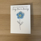 Sorry You're Leaving - We'll Never Forget You Card with Crochet Forget-Me-Not Flower