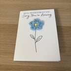 Sorry You're Leaving - We'll Never Forget You Card with Crochet Forget-Me-Not Flower