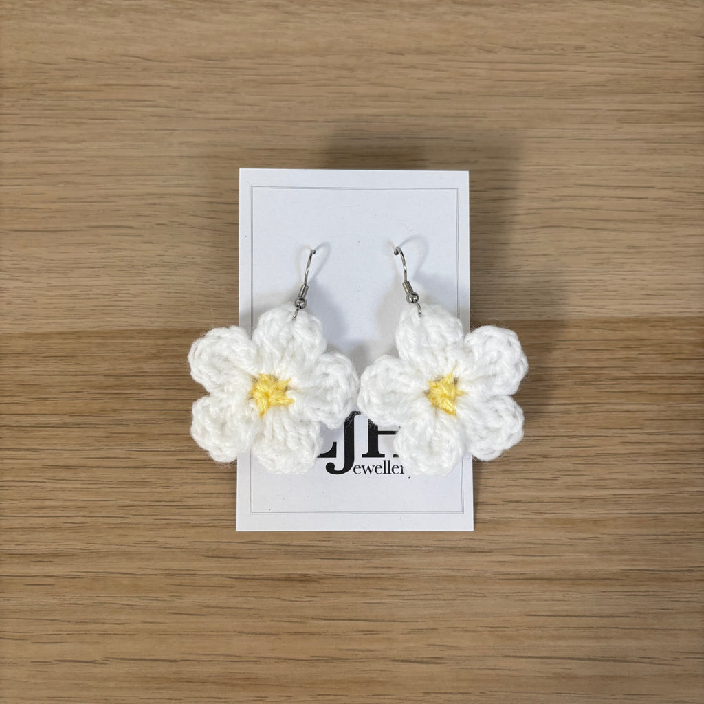 White Daisy Crochet Flower Surgical Steel Hook Earrings