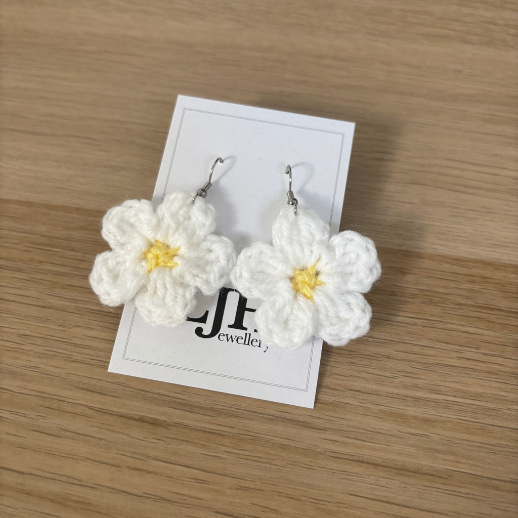 White Daisy Crochet Flower Surgical Steel Hook Earrings