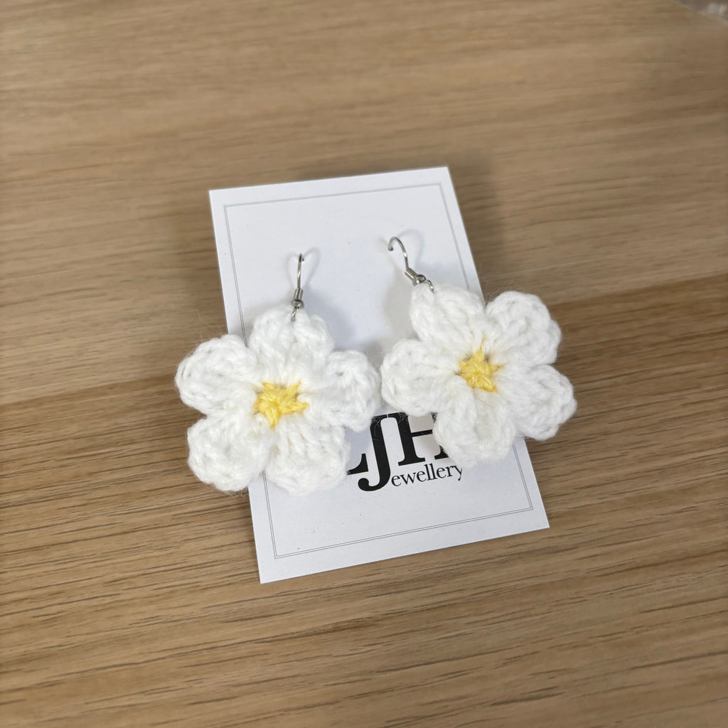 White Daisy Crochet Flower Surgical Steel Hook Earrings