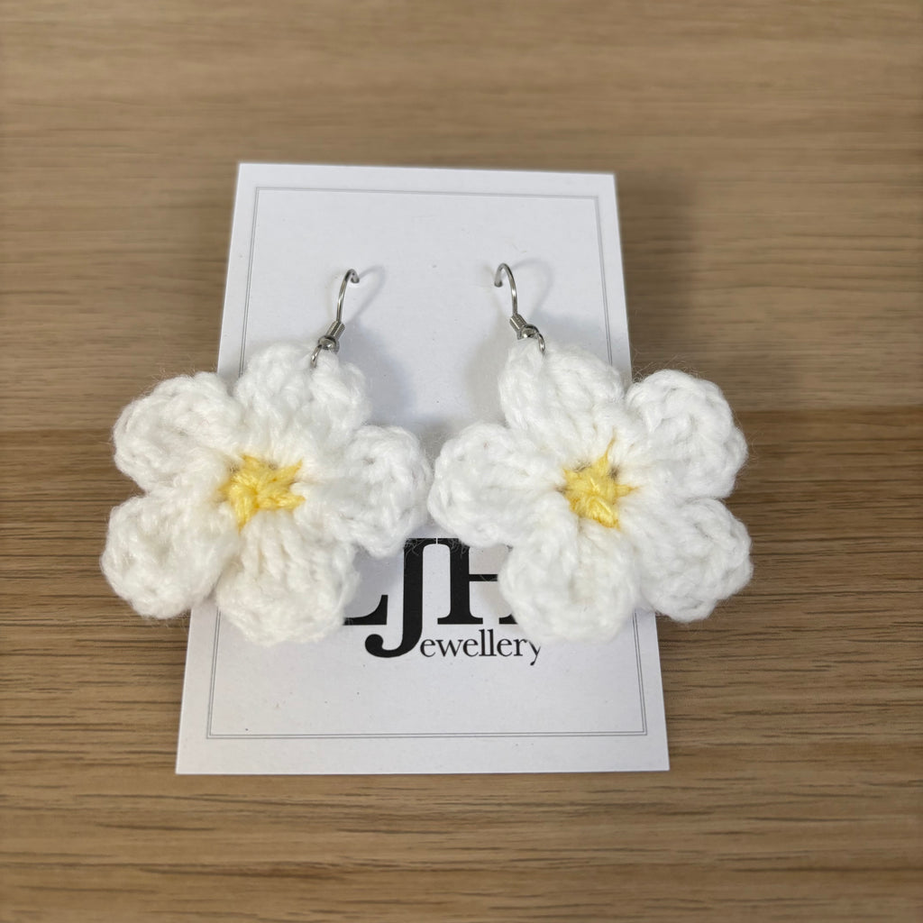 White Daisy Crochet Flower Surgical Steel Hook Earrings