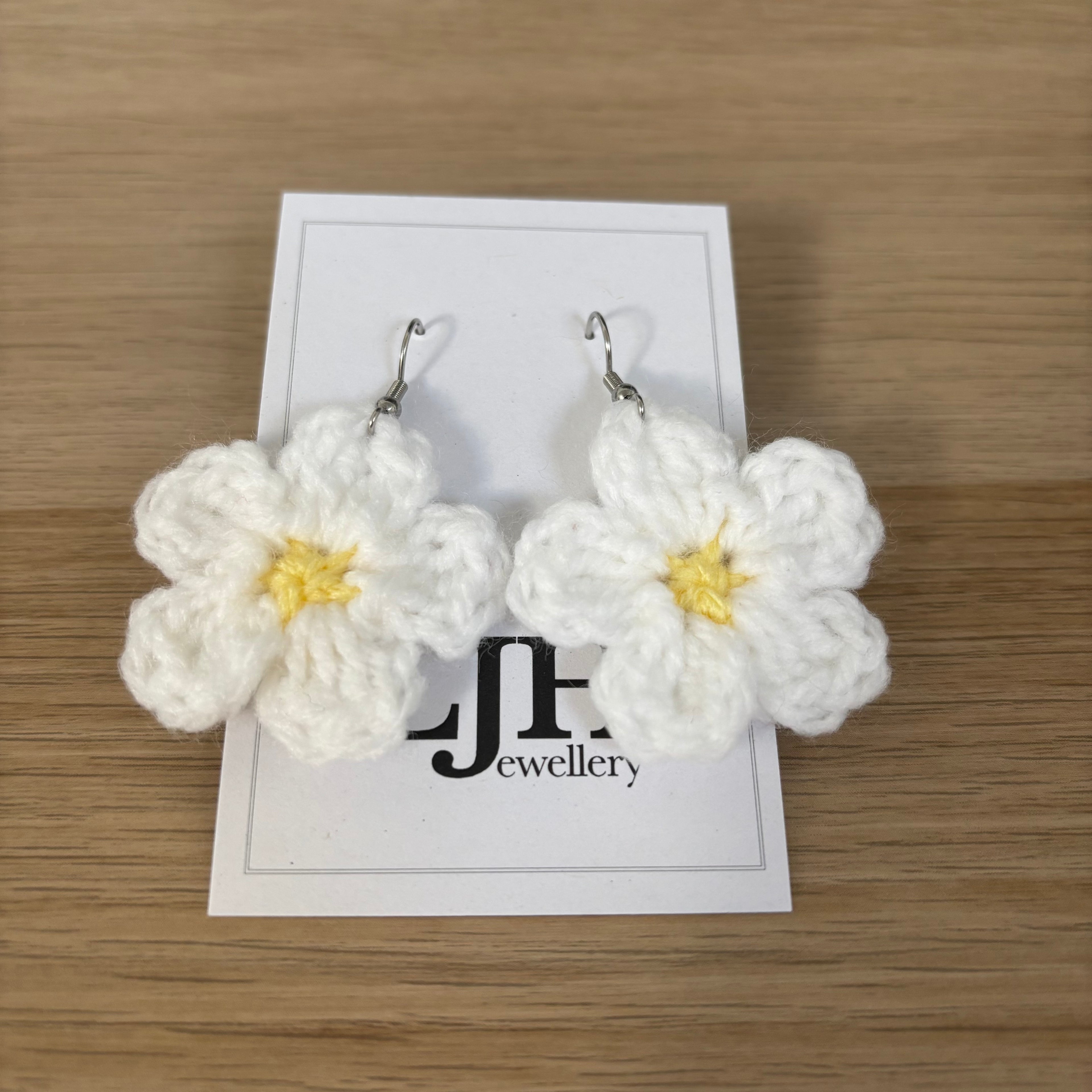 White Daisy Crochet Flower Surgical Steel Hook Earrings